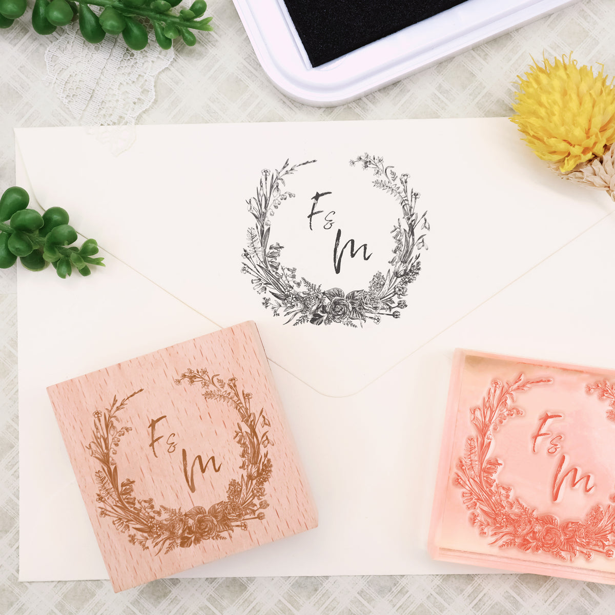 Custom Botanical Wedding Monogram Rubber Stamp -SKU11 1