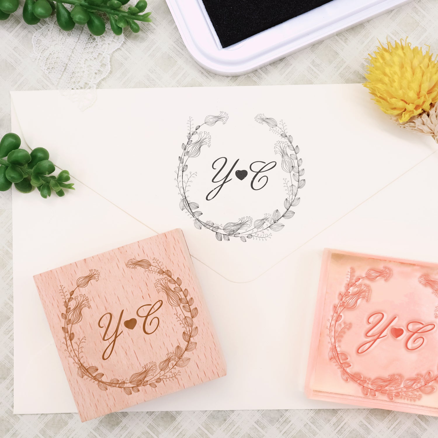 Custom Botanical Wedding Monogram Rubber Stamp -SKU17 1