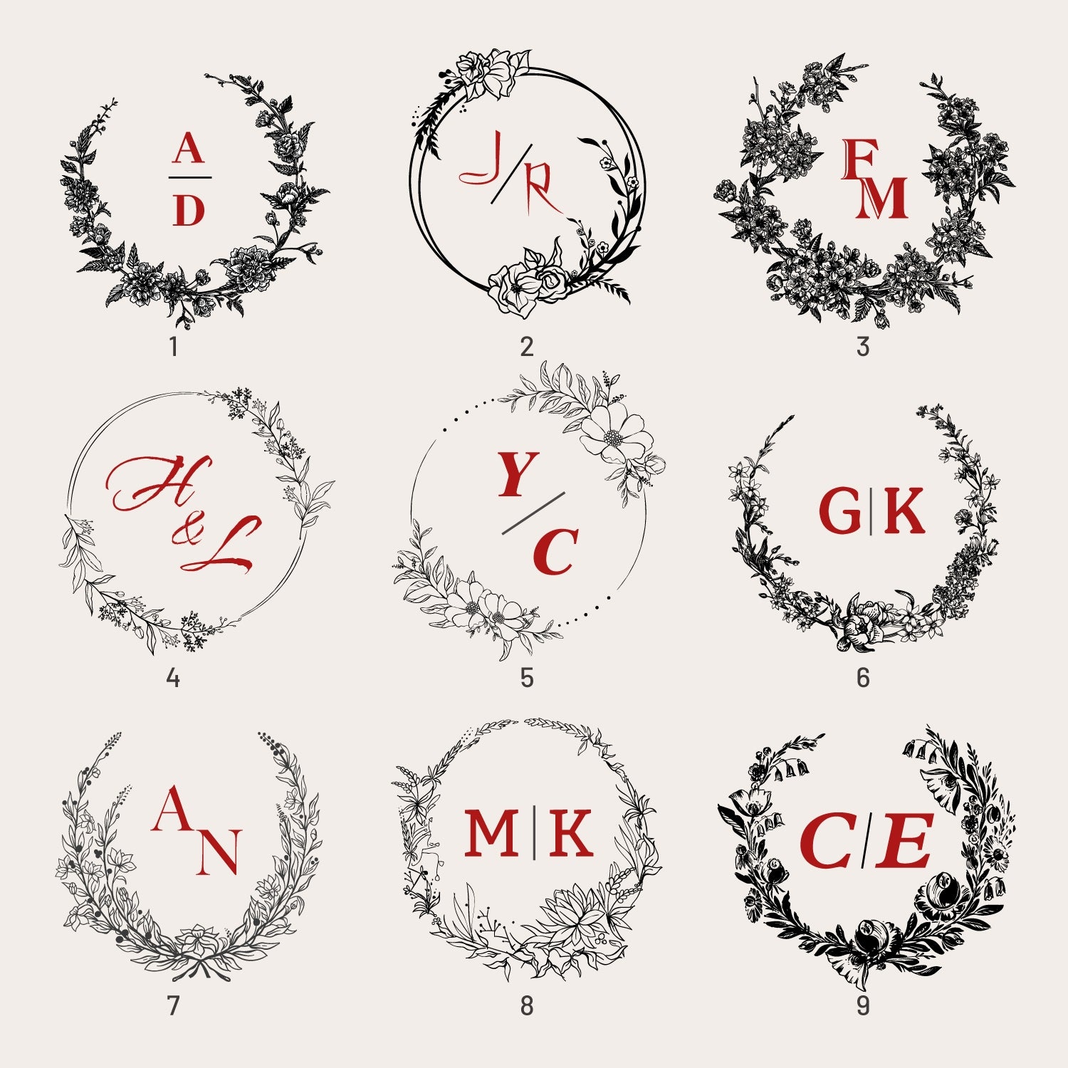 Custom Botanical Wedding Monogram Rubber Stamp (18 Designs)  sku1