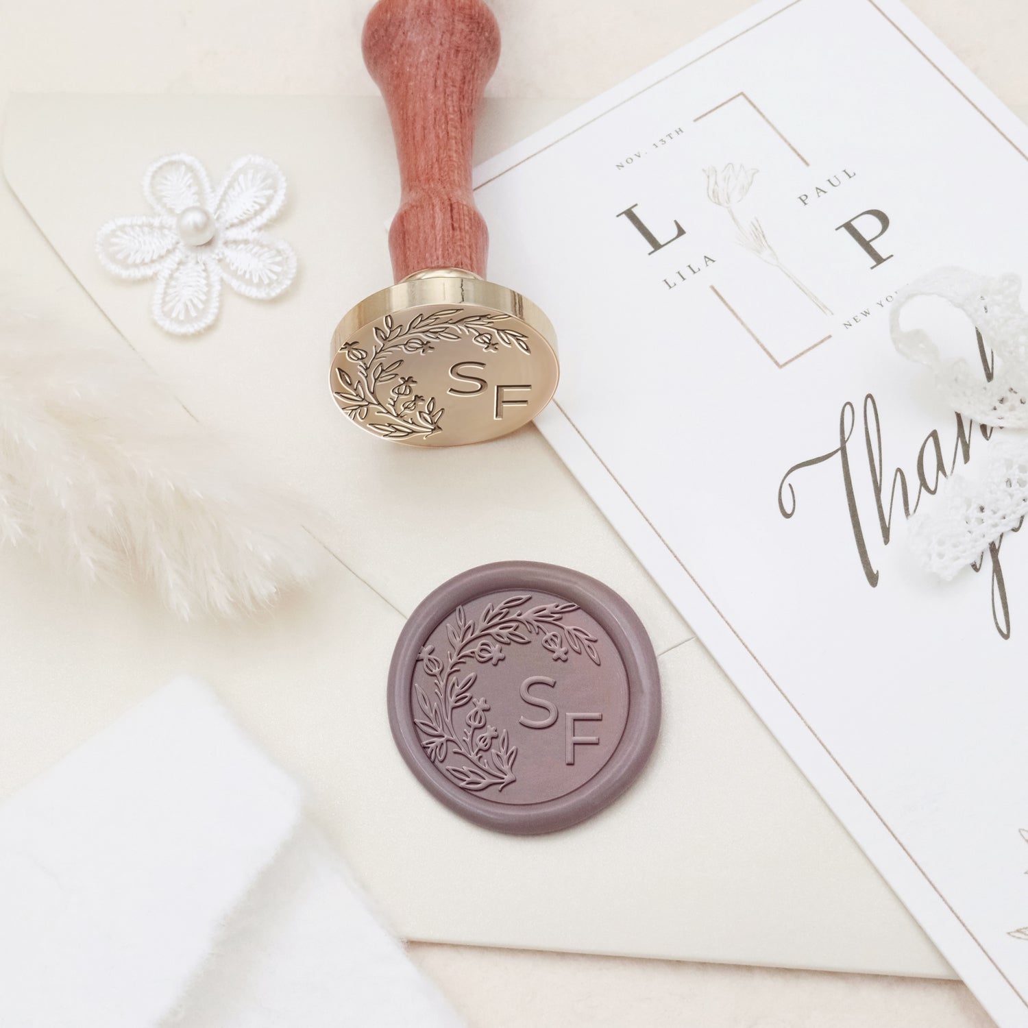 Custom Borderless Botanical Wedding Monogram Wax Seal Stamp - Style 9 3