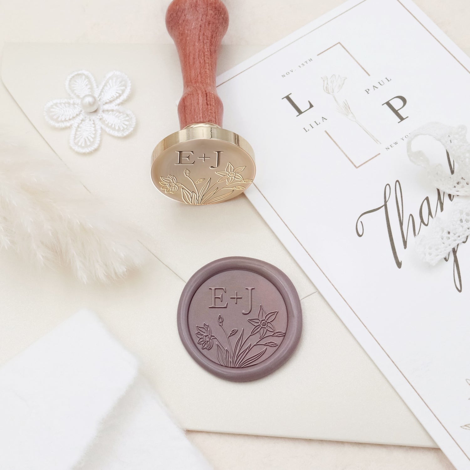 Custom Borderless Botanical Wedding Monogram Wax Seal Stamp - Style 20 3