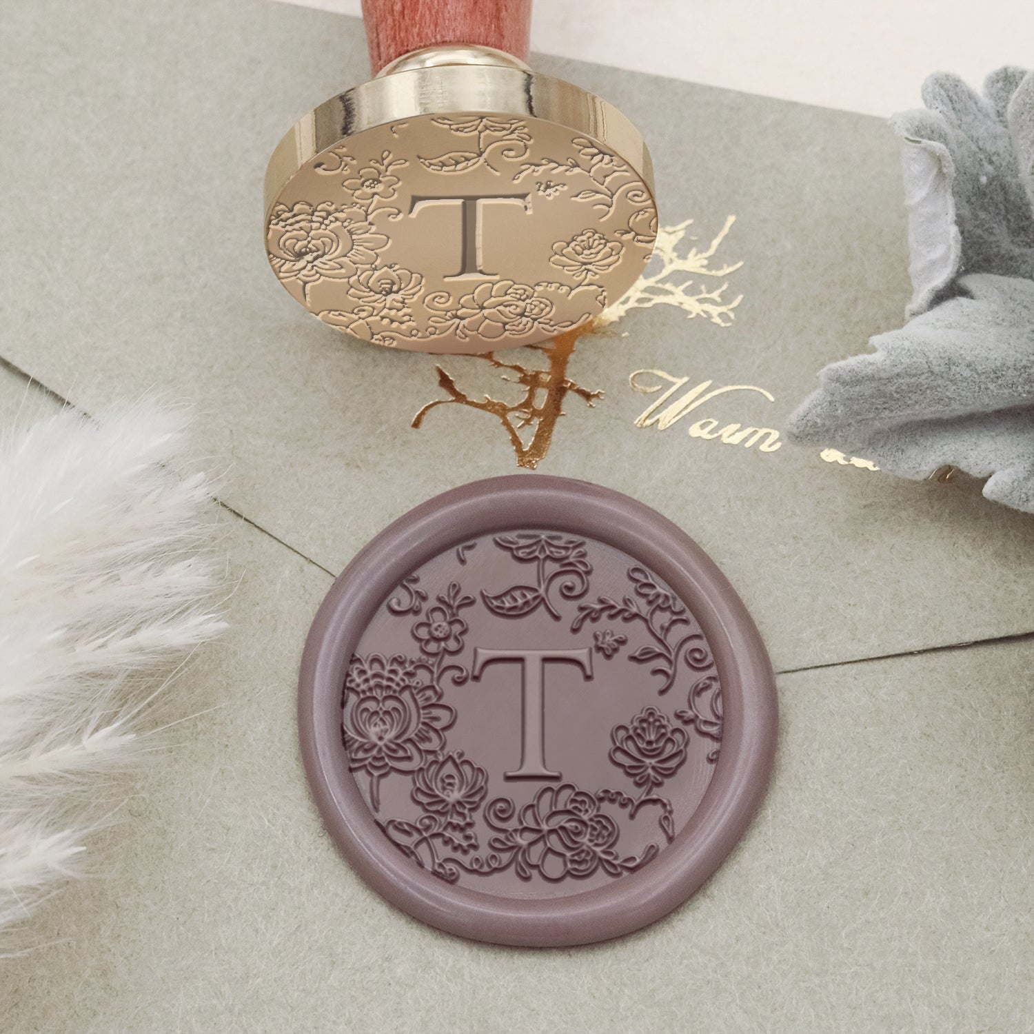 Custom Botanical Border Single Initial Wax Seal Stamp - Style 24 2