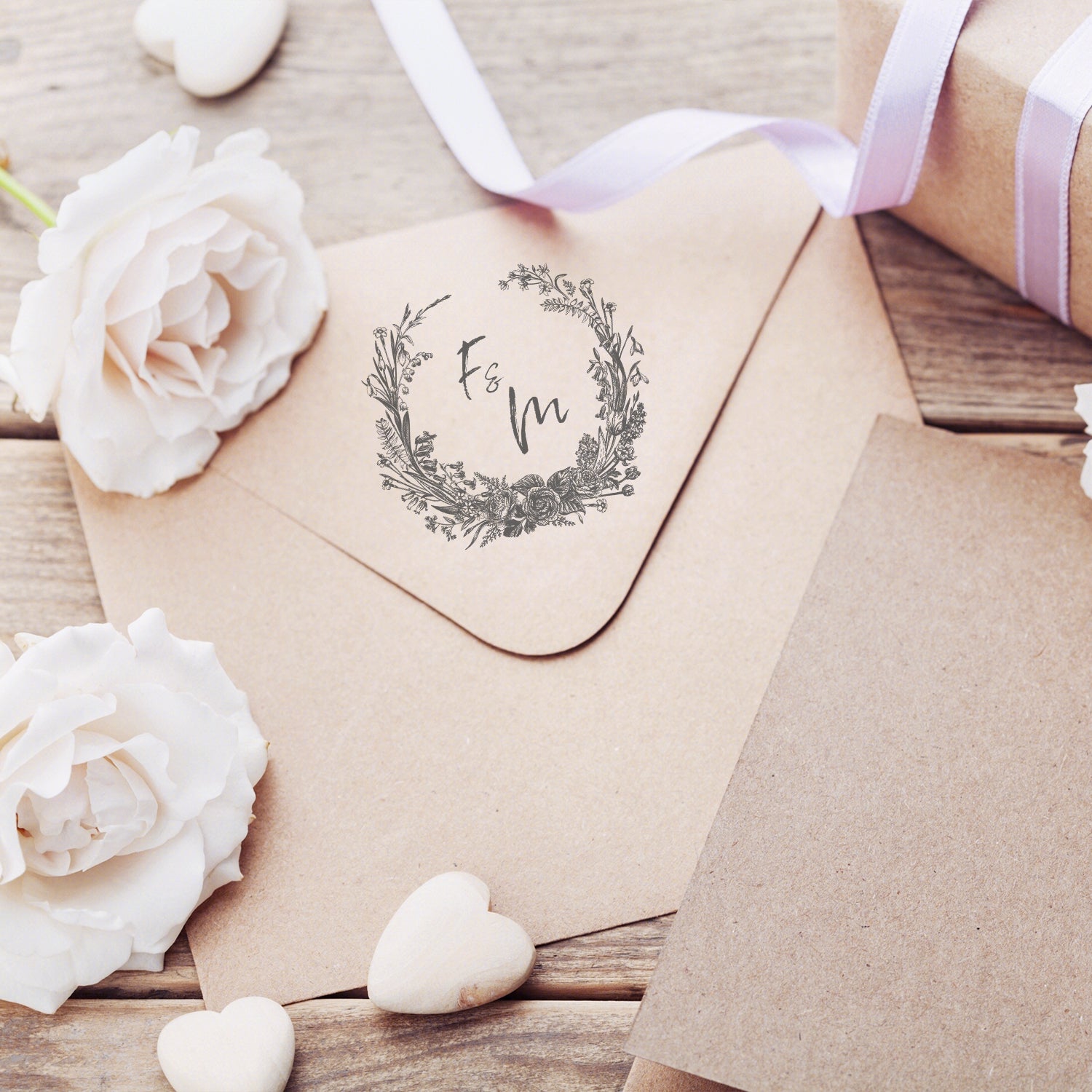 Custom Botanical Wedding Monogram Rubber Stamp - Style 11 wd3