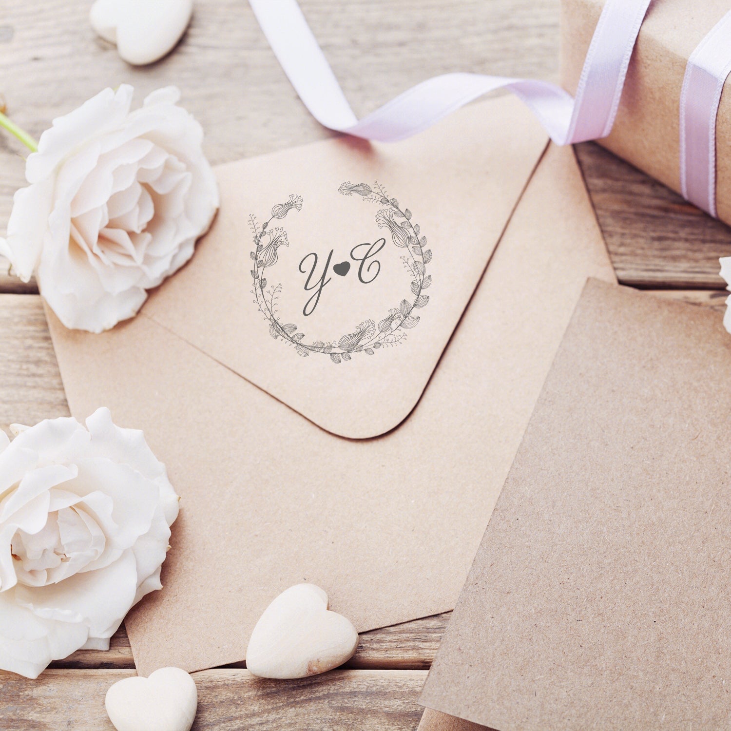 Custom Botanical Wedding Monogram Rubber Stamp - Style 17 wd3