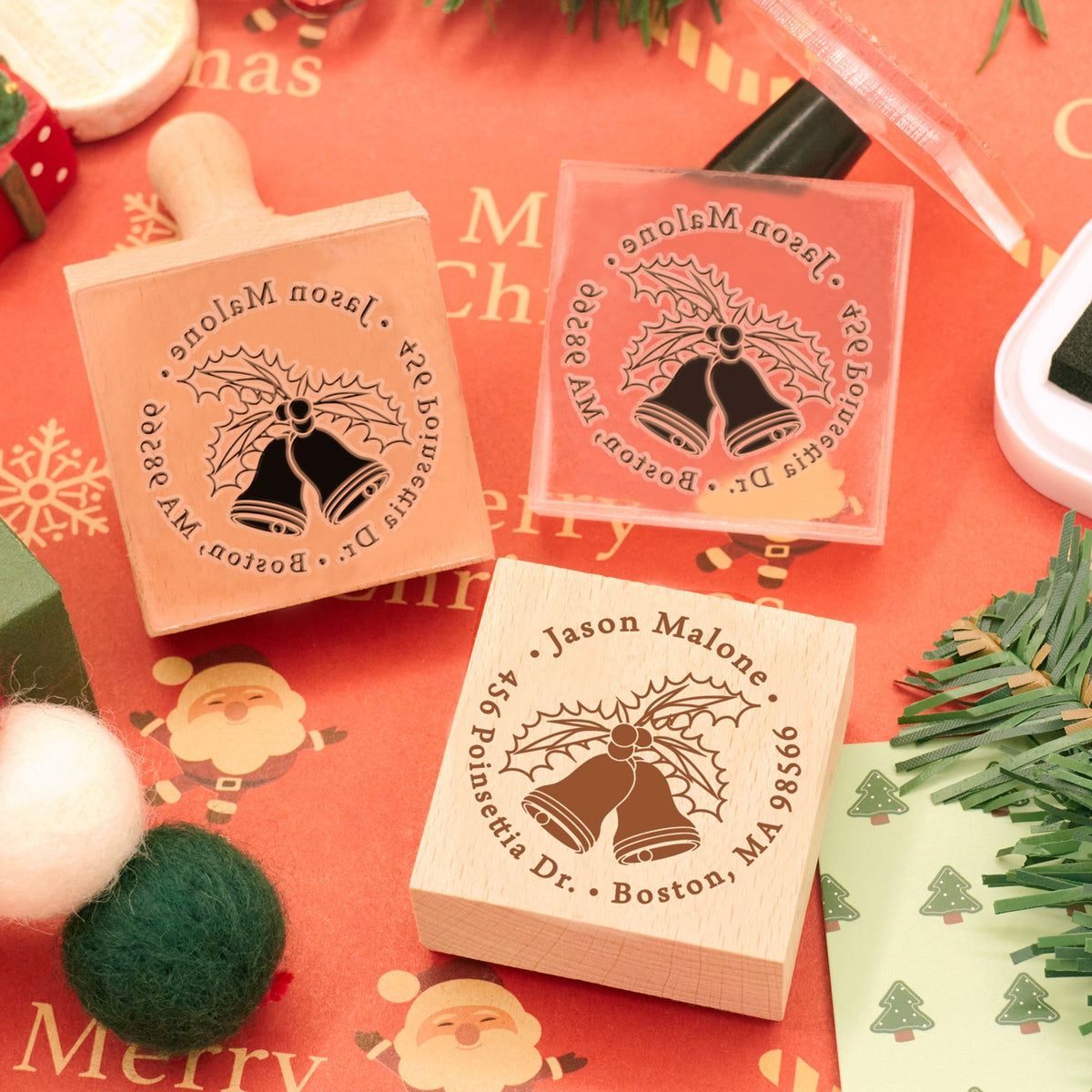 Custom Christmas Bell Address Rubber Stamp1