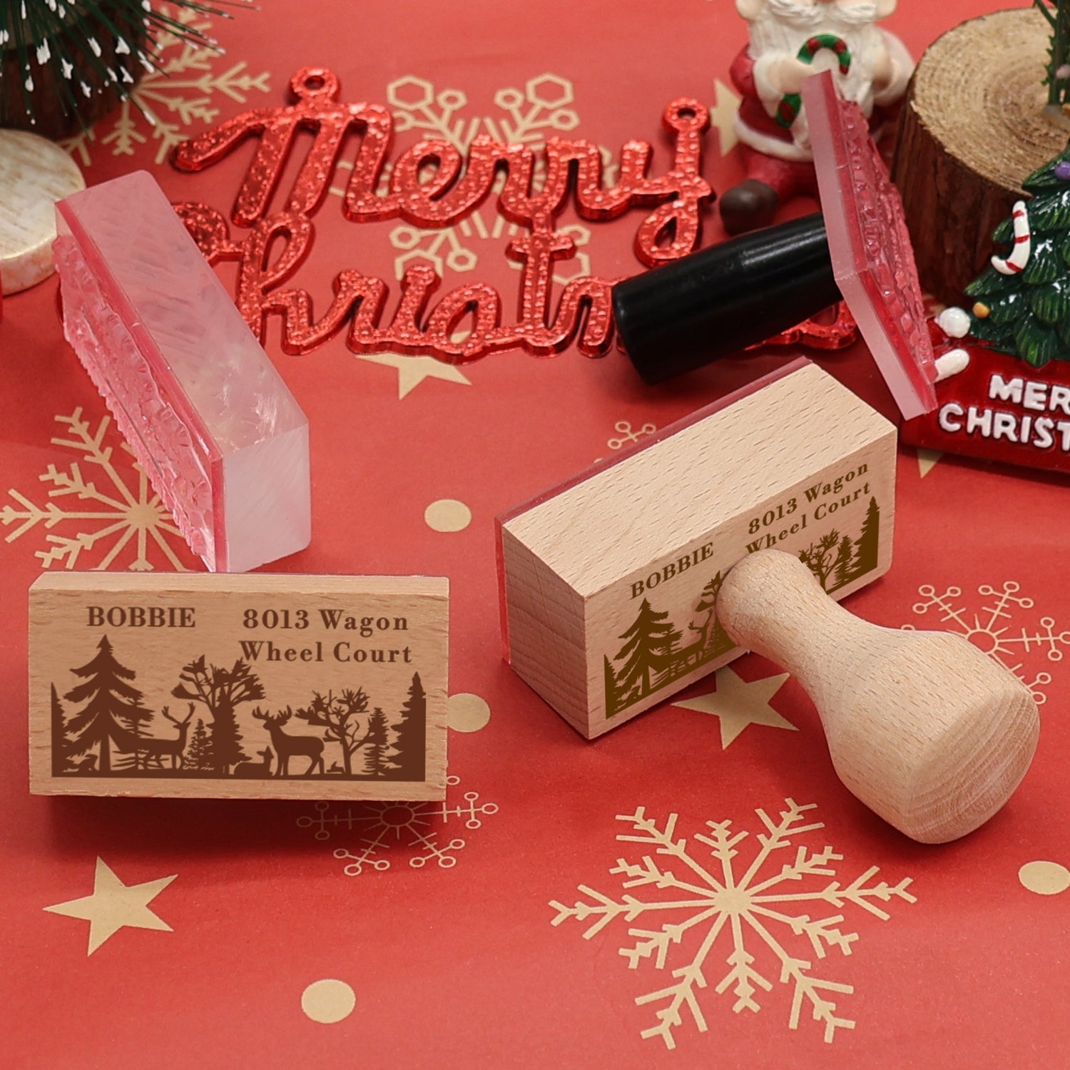 Custom Christmas Forest and Reindeer Rectangle Rubber Stamp3