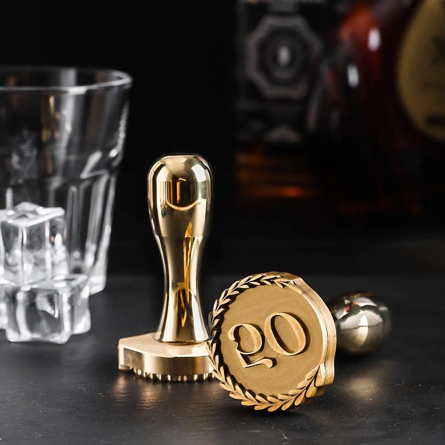 Laurel Circle Double Monogram Brass Ice Stamp for Bartender & Planner